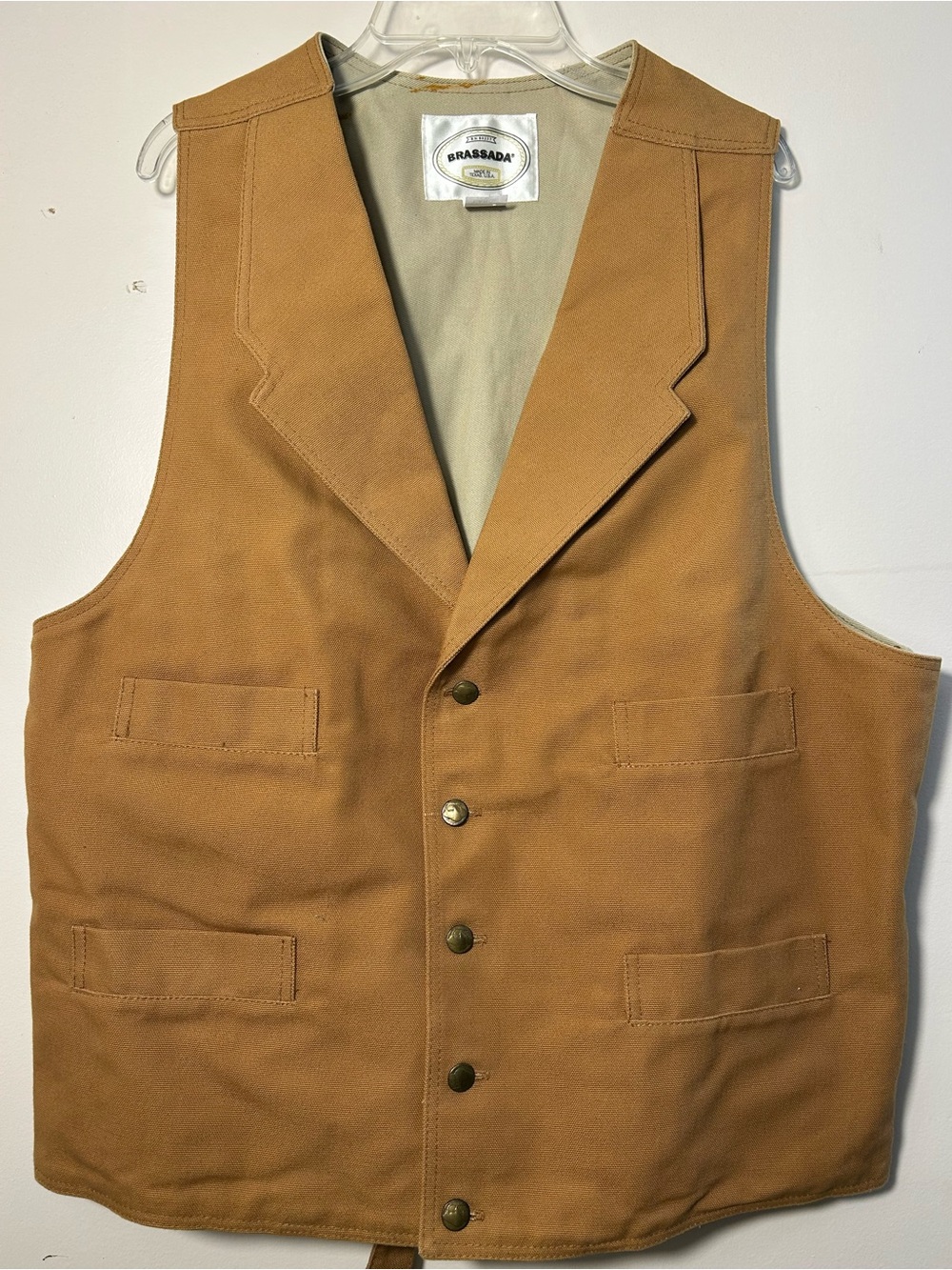 Vintage BRASSADA Men's Tan heavy cotton Vest 5 button notch lapel made in Texas